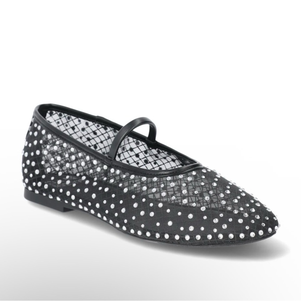 Black Mesh Ballet Flats with Rhinestones